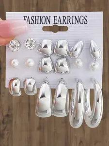 Women's Geometric Water Drop Earrings Set, Silver Color Metal Ear Studs, Fashionable Minimalist Design, Asymmetrical Feature, European Style Jewelry