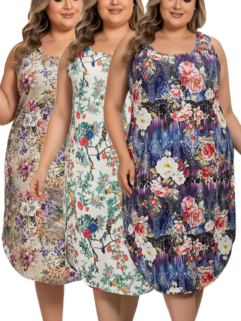 Curvy Fit Plus Size 3-Pack Floral Print Nightgowns Sleeveless Tank Sleep Dress 1XL-5XL Womenswear Loungewear Homewear for Women Comfy All Seasons Lace Trim Nightdress Nightwear summerwins