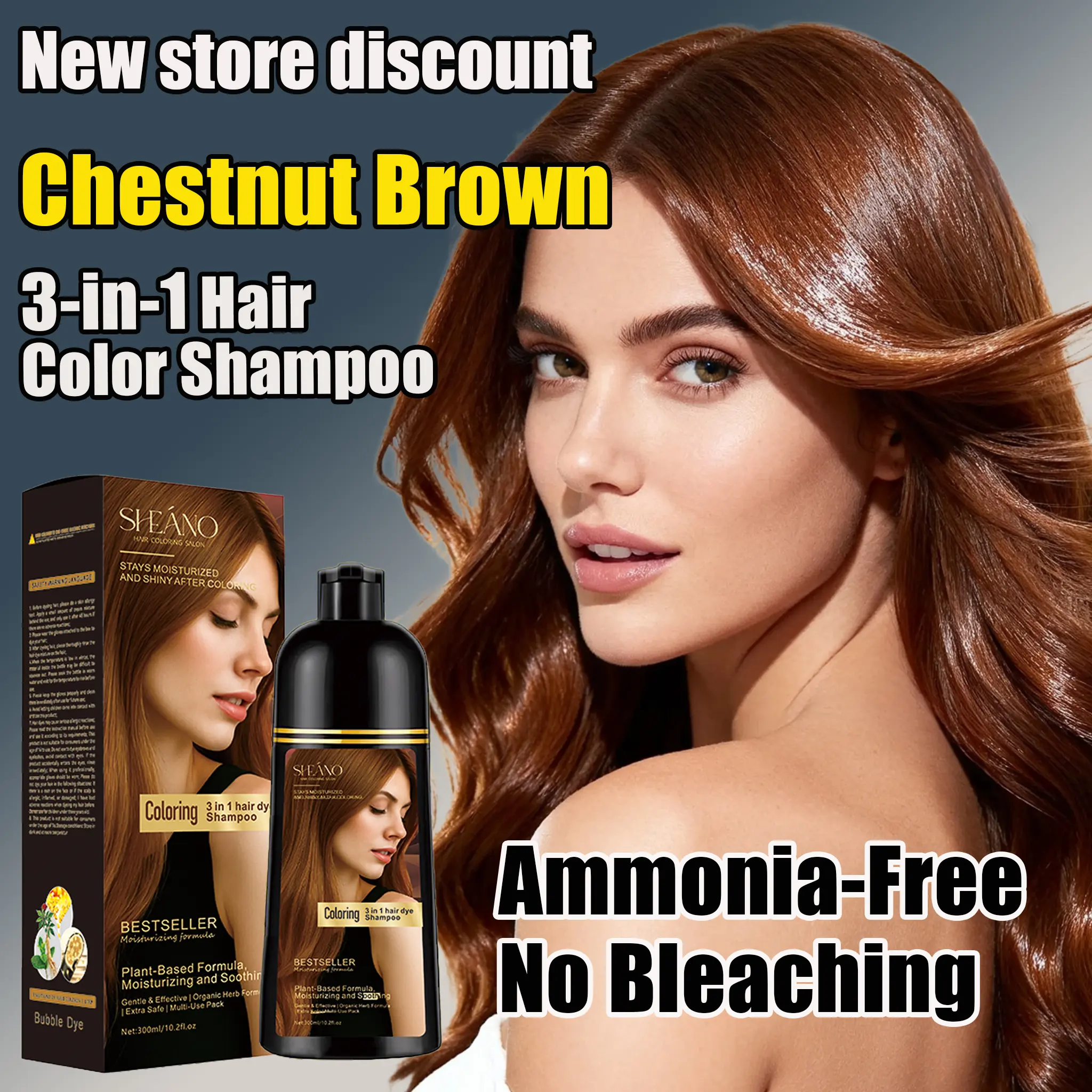 Chestnut Brown Herbal Ginseng 3-in-1 Hair Dye Shampoo + Conditioner - Haircare, No Bleaching, Color-Depositing Semi-Permanent Color, 24-Month Shelf Life, Quick Gray Coverage, Ideal Gift for Natural Beauty Enthusiasts