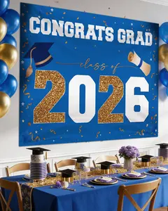 Class of 2026 Graduation Banner 47x67" - Large CONGRATS GRAD Polyester Banner, Photo Backdrop & Wall Decor for Commencement Party Supplies, Blue Gold Graduation Party Decorations for High School & College