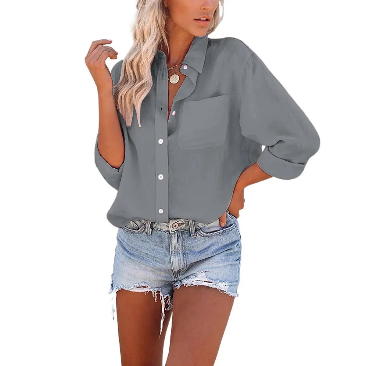 Women's Basic Long-Sleeve Solid Color Blouse - Loose-Fitting, Breathable Fabric Shirt with Pocket Detail, Chic Minimalist Women's Clothes for Casual Everyday Style