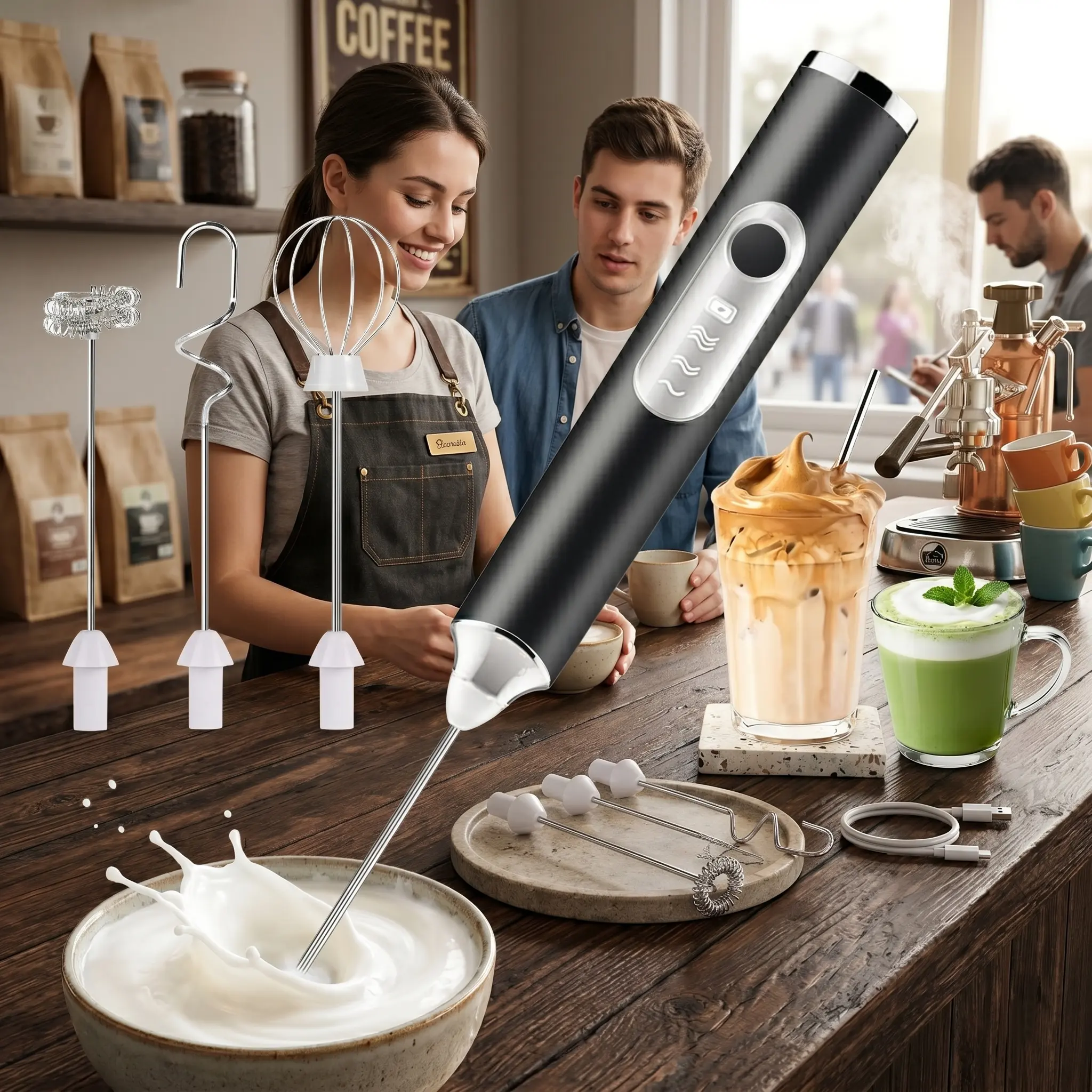 USB-C Rechargeable Milk Frother with 3 Speeds & 1200mAh Battery for Rich Creamy Froth in Seconds Compact & Stylish Electric Mixer for Coffee & Beverages