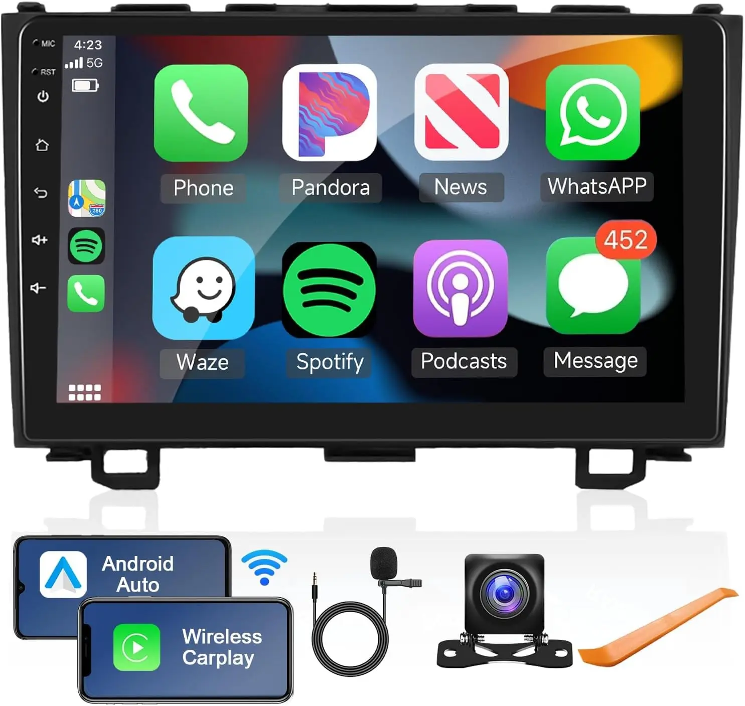 2G+64G Android Car Stereo for Honda CRV 2007-2011 with Wireless Carplay/Android Auto with WiFi GPS Navigation, 9" Touchscreen Bluetooth Car Radio Support USB FM/RDS EQ HD Backup