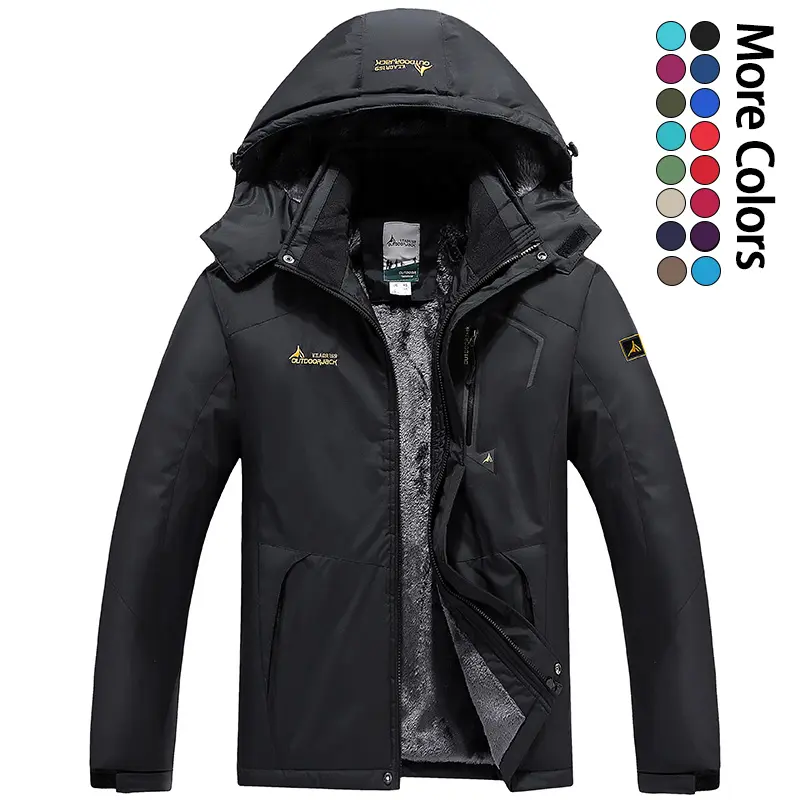 Men’s Winter Warm Hooded Windproof Jacket with Embroidered Logo, Plush Lining, Waterproof Snow Ski Outdoor Hiking Coat