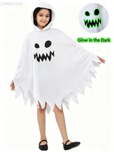 Kids Glow In The Dark Ghost Hooded Cape Costume, White Jagged Hem Ghost Poncho, Children Halloween Spooky Face Role Play Outfit for Trick Or Treat Party