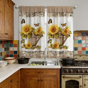 HarleyLand 2pcs Set, 2D Flat Printing, New Style Yellow Fashionable High-End Sunflower and Butterfly Pattern Decorative Windowsill Curtains, Suitable for All Seasons, Can Be Used in Farmhouses, Kitchens, Offices, Studies