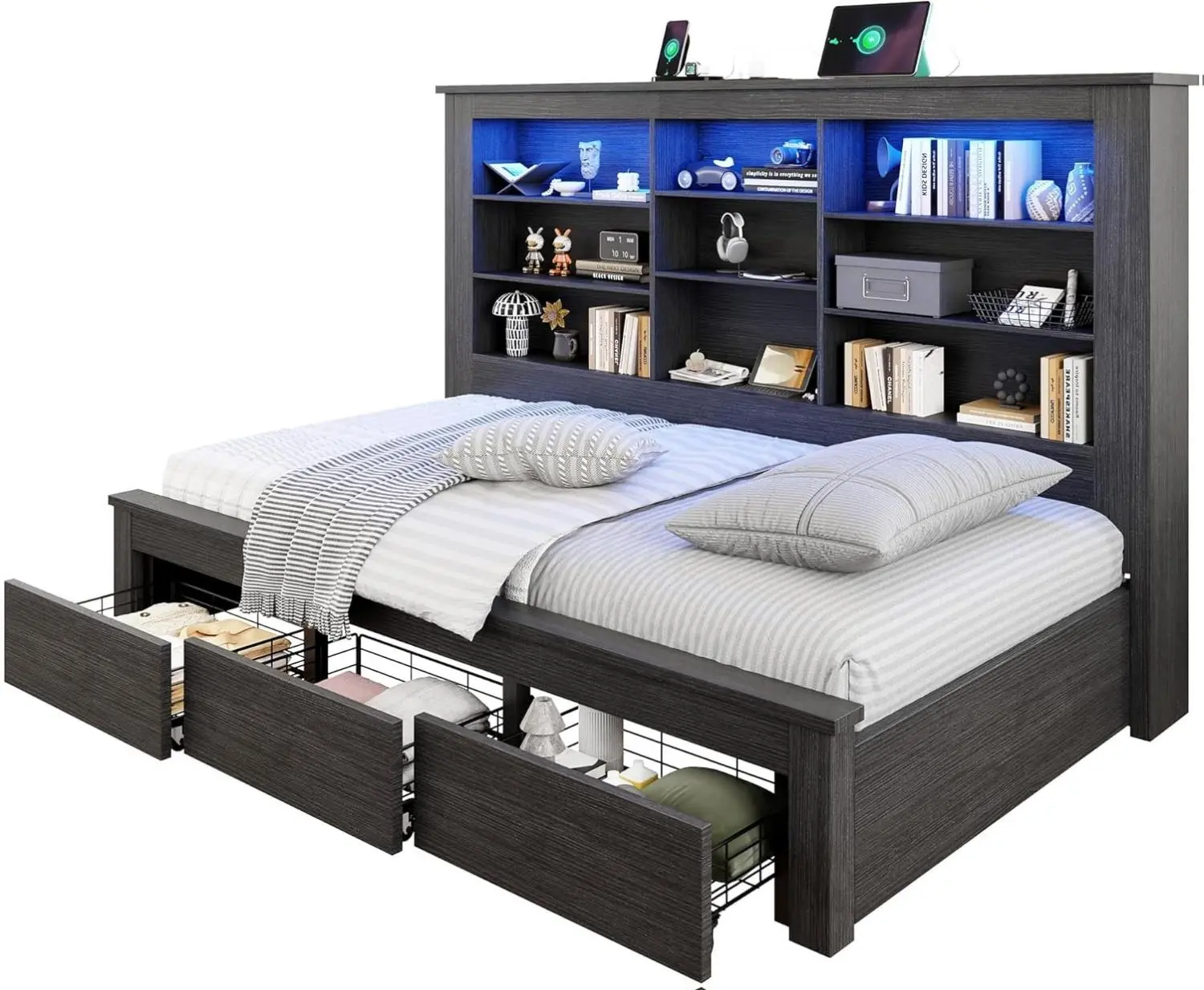 Amerlife 2-in-1 Twin Daybed, Farmhouse Wooden Bed Frame with Built-in Storage Headboard, USB-C Charging Port, RGB Lights, 3 Drawers, No Box Spring Required, Easy Setup Bed for Teens & Dorms, Twin Bed