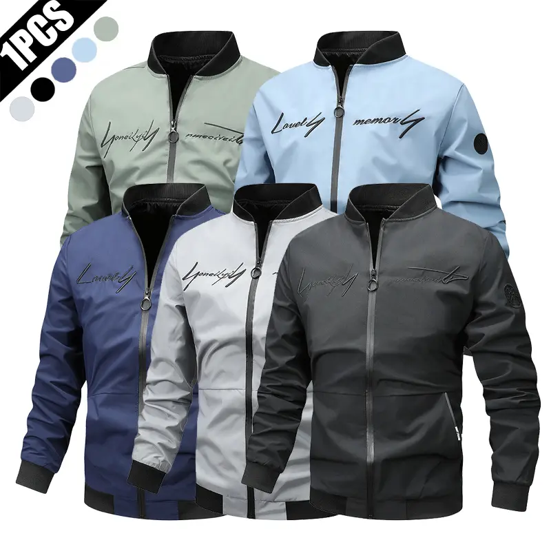 Men's Classic Lightweight Longsleeve Aviator Coat - Menswear, Embroidered Lettering, Zip Closure, Stand Collar, Regular Fit, Activewear Men's Lightweight Jackets for Hiking, City Commuting