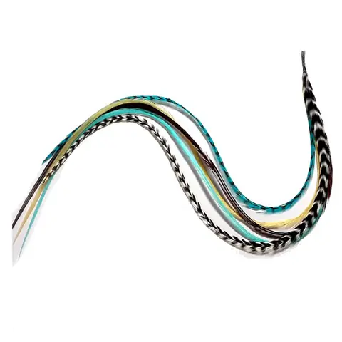 Turquoise Genuine Grizzly & Brown Slender Feather Hair Extensions, 7 Feathers Bonded at Tip, About 10 Inches