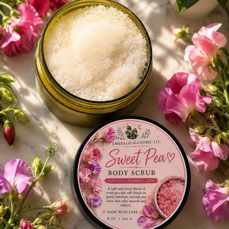 Sweet Pea Sugar Body Scrub 8oz | Exfoliating Body Polish with Jojoba, Avocado & Apricot Oils | Soft, Smooth Glowing Skin