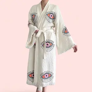 Evil Eye Kimono 100% Cotton Robe, Kaftan Multi Color Womenswear Elegance Gowns Loungewear Nightwear Coverup Chic Fit Lady Long Sleeve Underwear Rider Long sleeves Longsleeves Maxi lounge One Size Fits XS-XL boho house