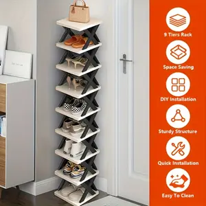 Space-saving corner Vertical shoe rack organizer, Shoe Rack Tower - tall and narrow 9-tier sturdy plastic shelf, suitable for storing 9-10 pairs of shoes and boots, applicable to foyers, wardrobes, garages, living rooms