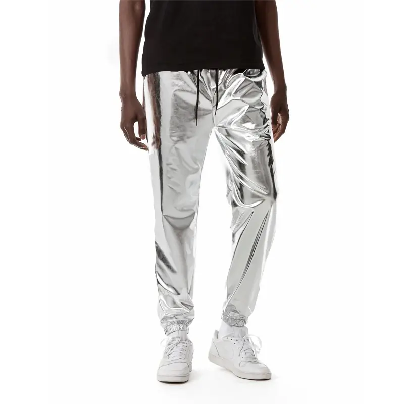 Men's Shiny Silver Metallic Skinny Fit Pants - Slim-Fitting Trousers, All Seasons Hip Hop Streetwear for Party, Stage Costumes, S, XXL