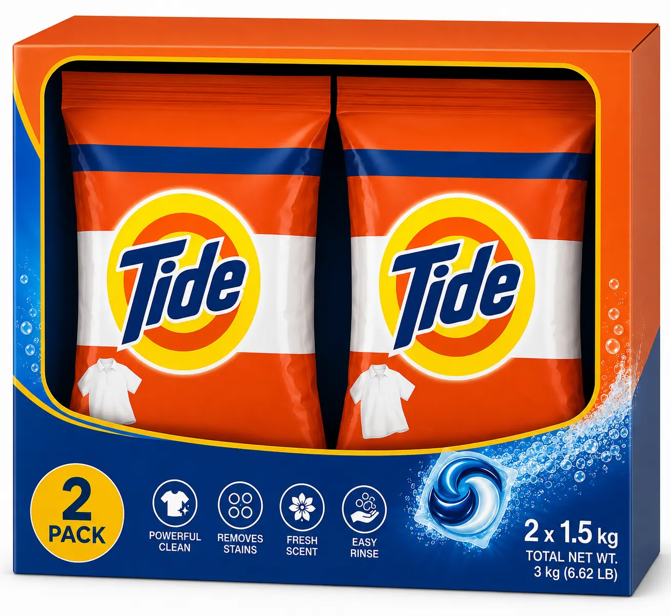 Tide Laundry Detergent Powder, 2 Pack (2 x 1.5 kg Bags) – Powerful Deep Clean, Fresh Scent, Removes Tough Stains, 3 kg Total