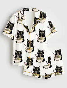 Black Cat Satin Pajama Set for Women, Martini Cocktail Print Short Sleeve PJs, Cute Cat Sleepwear, Gift for Her