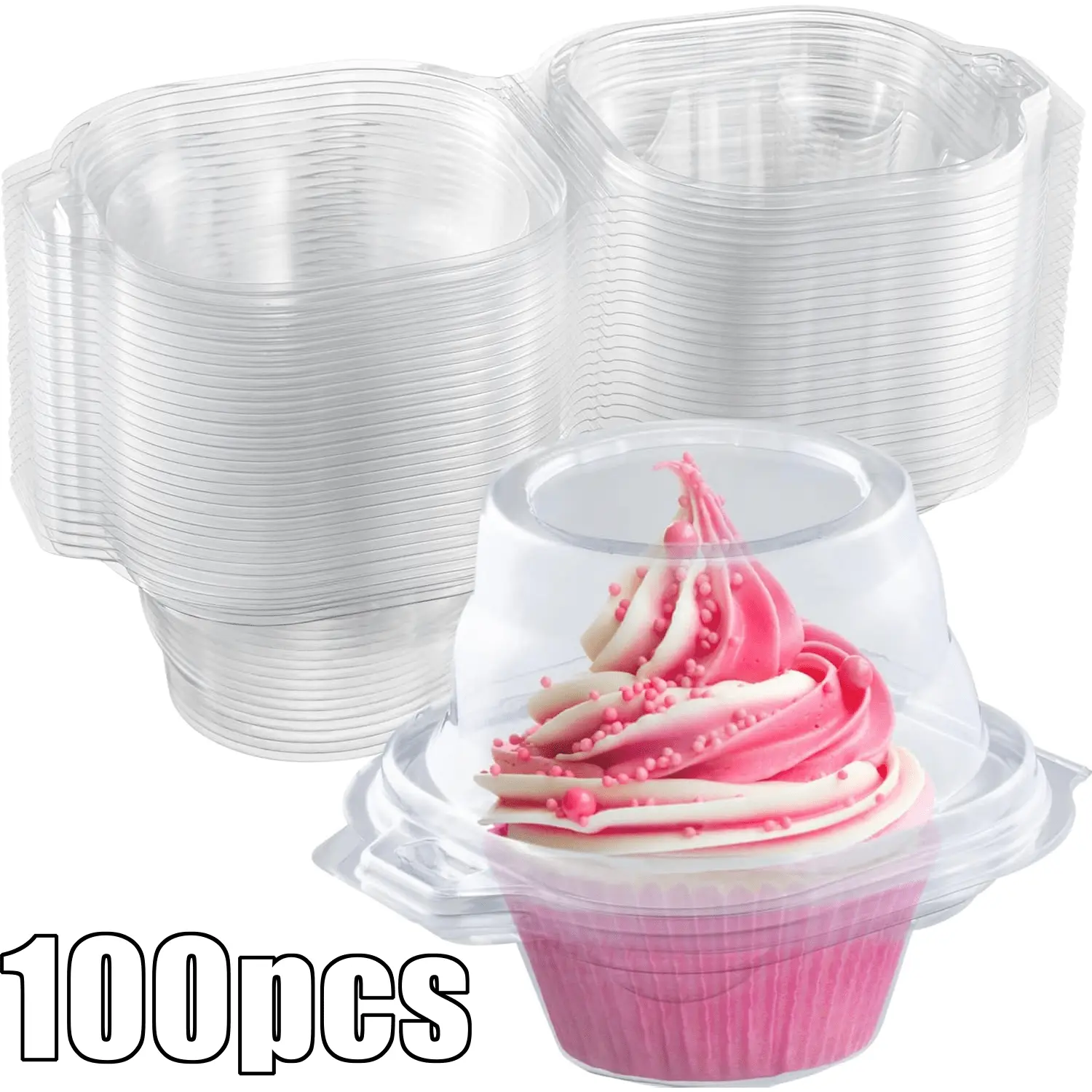 100Pcs Plastic Clear Cupcake Boxes, Disposable Single Cupcake Holders with Dome Lid, Individual Cupcake Containers, Stackable Muffin Carrier for Wedding Shower