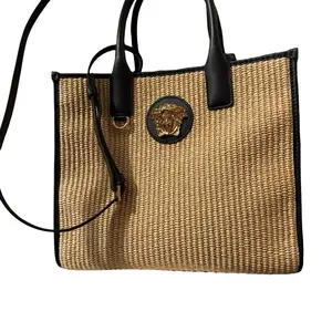 Pre-owned VERSACE Raffia Crossbody Bags Medusa Straw Tote Bag – Black Leather Trim