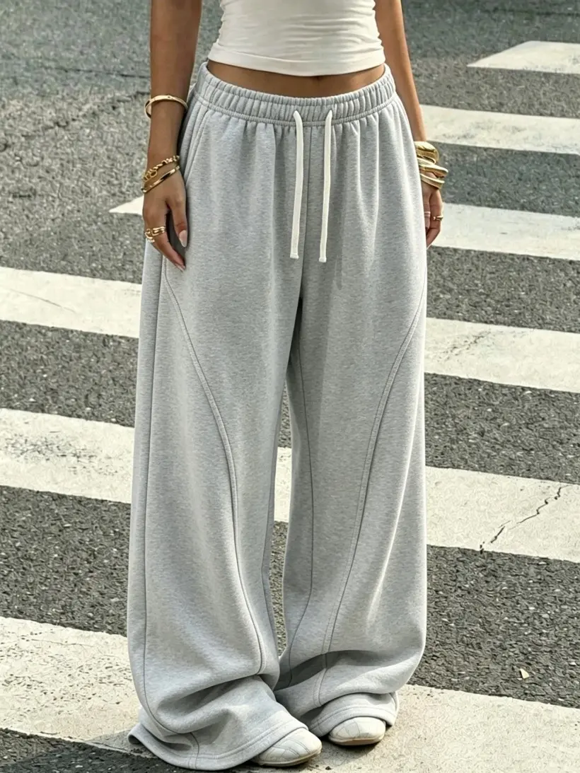 Women’s solid knit casual athletic pants, drawstring straight sweatpants, comfortable breathable fabric, women’s bottoms, street style outfit, no back pockets design sohochic