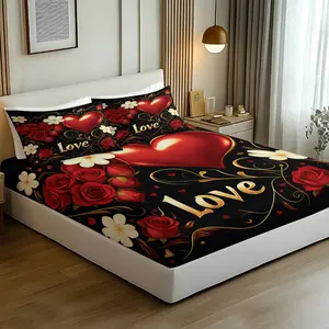 Love rose printed pattern bed sheet, comfortable printed pattern, including 1 bed sheet and 2 pillowcases, comfortable bedding, anti slip dust cover suitable for bedrooms and guest rooms, suitable for adult gifts, Decorative Bedsheet Sets