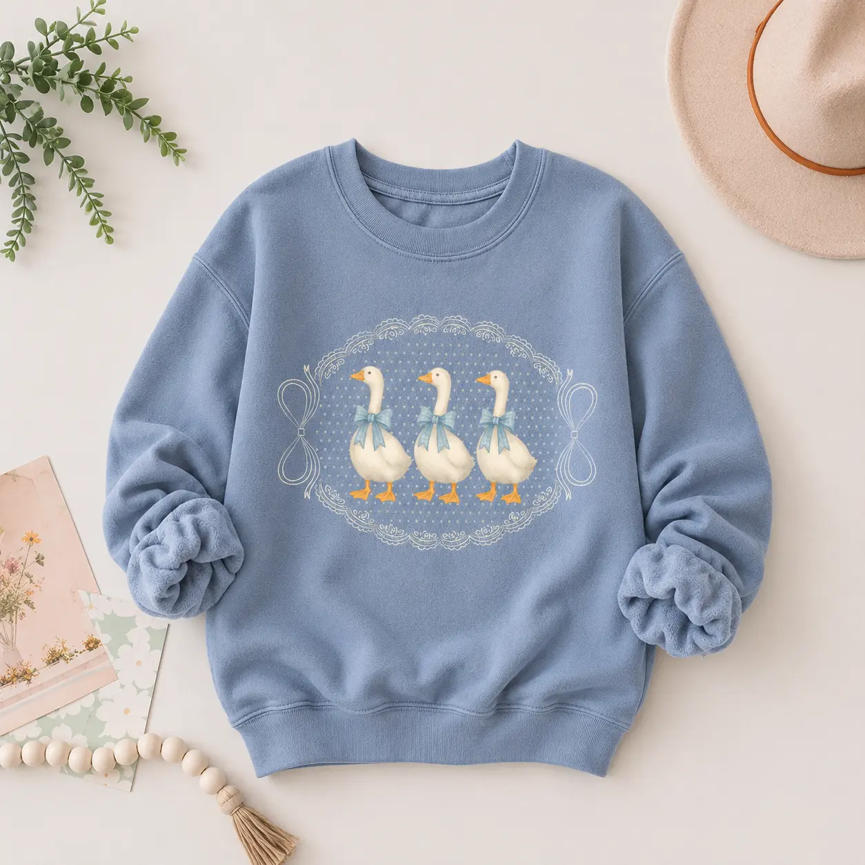 [SALE UP TO 50%] Women's Cotton Printed Round Neck Vintage Country Geese Casual Tops, 1980s Kitchen Farmhouse Crewneck, Cottagecore Retro Mama Silly Goose Lover Sweatshirt & Tshirt (Blue), Sweatshirts For Women