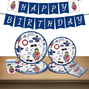 Pirate Birthday Party Supplies with Forks, Knives, Table Cloth, Napkins, Plates, Cups and Banner for 16 guests Disposable Pack Set