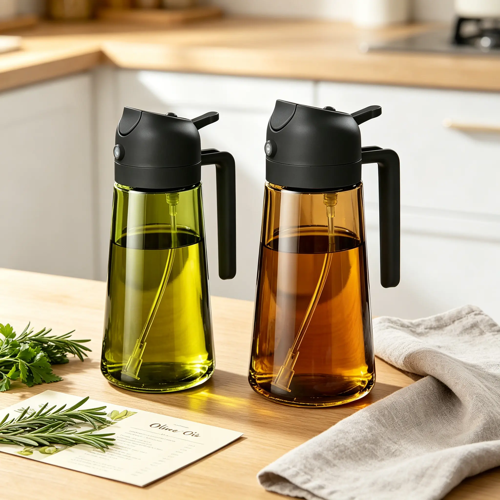 2 in 1 glass oil sprayer olive oil dispenser kitchen cooking BBQ salad gravity sensor dual use oil bottle lead free borosilicate glass oil pot with comfortable handle anti clogging filter oil control spray pour oil container
