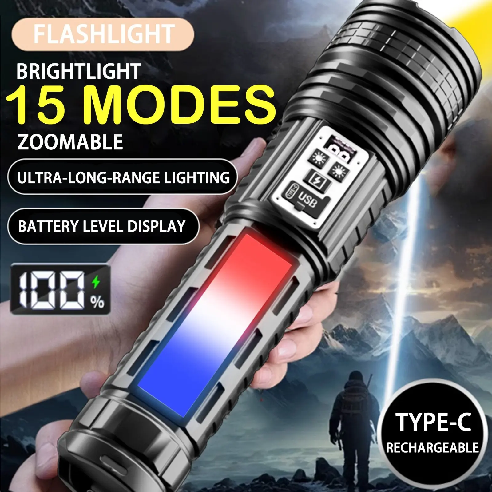 Rechargeable LED Flashlight - Super Bright, COB Side Led Lights, USB-C Port, ABS Alloy Ultra-Durable Tactical Design, 5 Adjustable Modes, Batteries Included, Portable Lighting for Camping Users, Emergencies