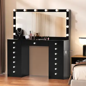 Vanity Desk with Mirror and Lights, Makeup Table with Charging Station, 3 Color Lighting Modes, 15 Drawers Dressing Table, Vanity for Bedroom, Black