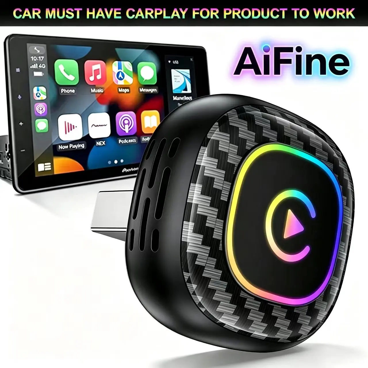 【SummerFinds】AiFine 2026 New Wireless CarPlay Adapter – Dynamic Flowing Ambient Light – Wired-to-Wireless CarPlay & Android Auto Converter – Car Interior Accessory