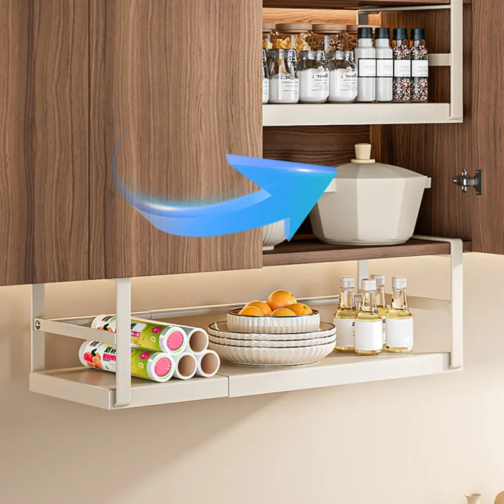 Heavy-Duty Metal Under-Cabinet Storage Rack - Expandable Adjustable Hanging Shelf with Thick Clips, Easy Installation, Movable Add-On Baskets for Kitchen, Pantry (Fits 10.04-17.72 inches Wide, 7.4 inches High, Holds Jams, Tin Foil, Cling Film), 8.66 Inche