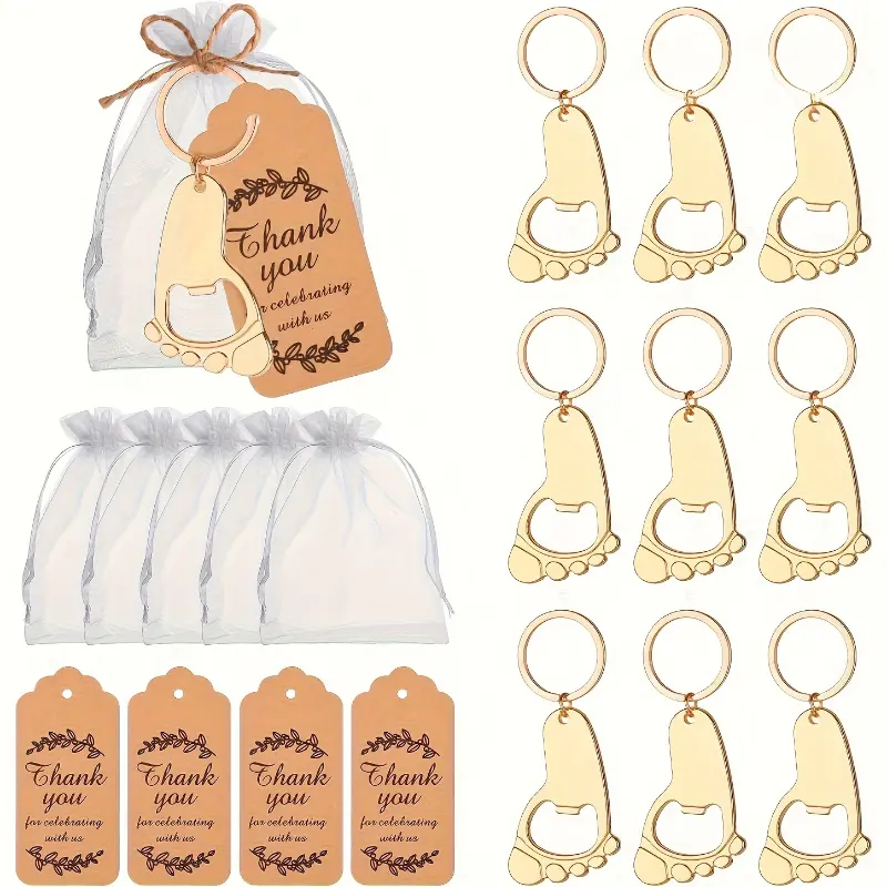 30pcs Aluminium Footprint Keychain Bottle Openers - Heart Cutouts, Golden & White Design, Durable Home Decor Party Favors with Mesh Bag, Thank You Cards & Twine, 14+ Years All-Season Keepsake for Anniversary, Birthday, Keychains