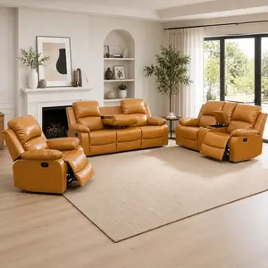 Ginger Yellow 3-Piece Manual Reclining Sofa Set - Living Room Furniture with Recliner Couch, Loveseat & Chair, Premium Breathing Leather, Flexible Combinations, Living Room Decor, Ergonomic, Luxury, Sprung Sofa Sets