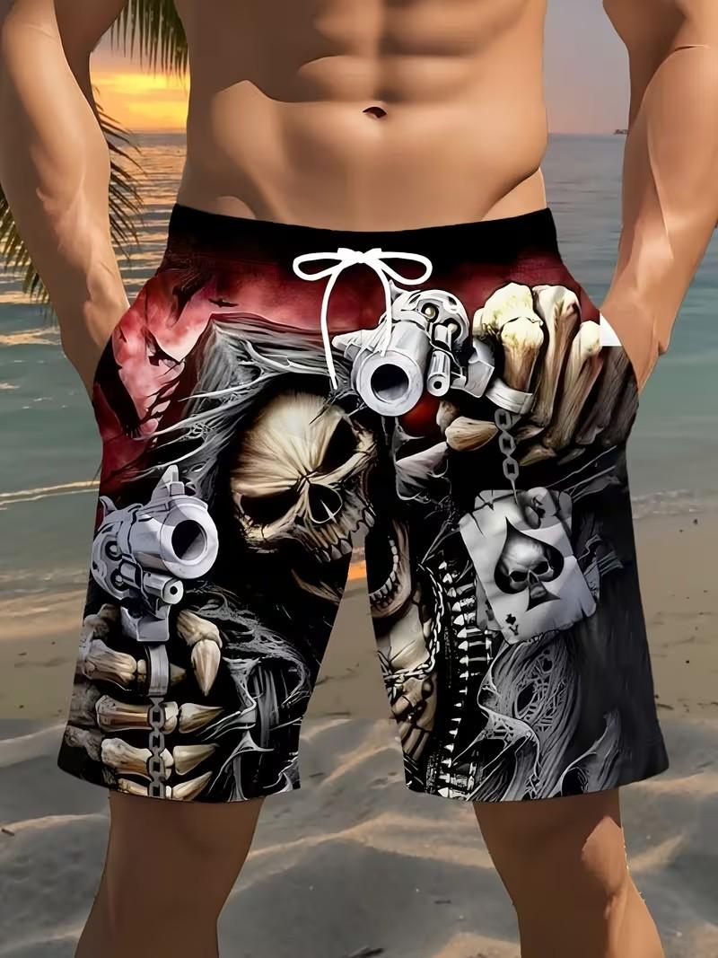 Men's Digital Print Skull and Gun Graphic Beach Shorts Lightweight Polyester Drawstring Waist Swim Trunks for Summer Swimming Gym Golf Fishing Basketball Camping Outdoor Activities Stylish Patterned Swimwear Menswear