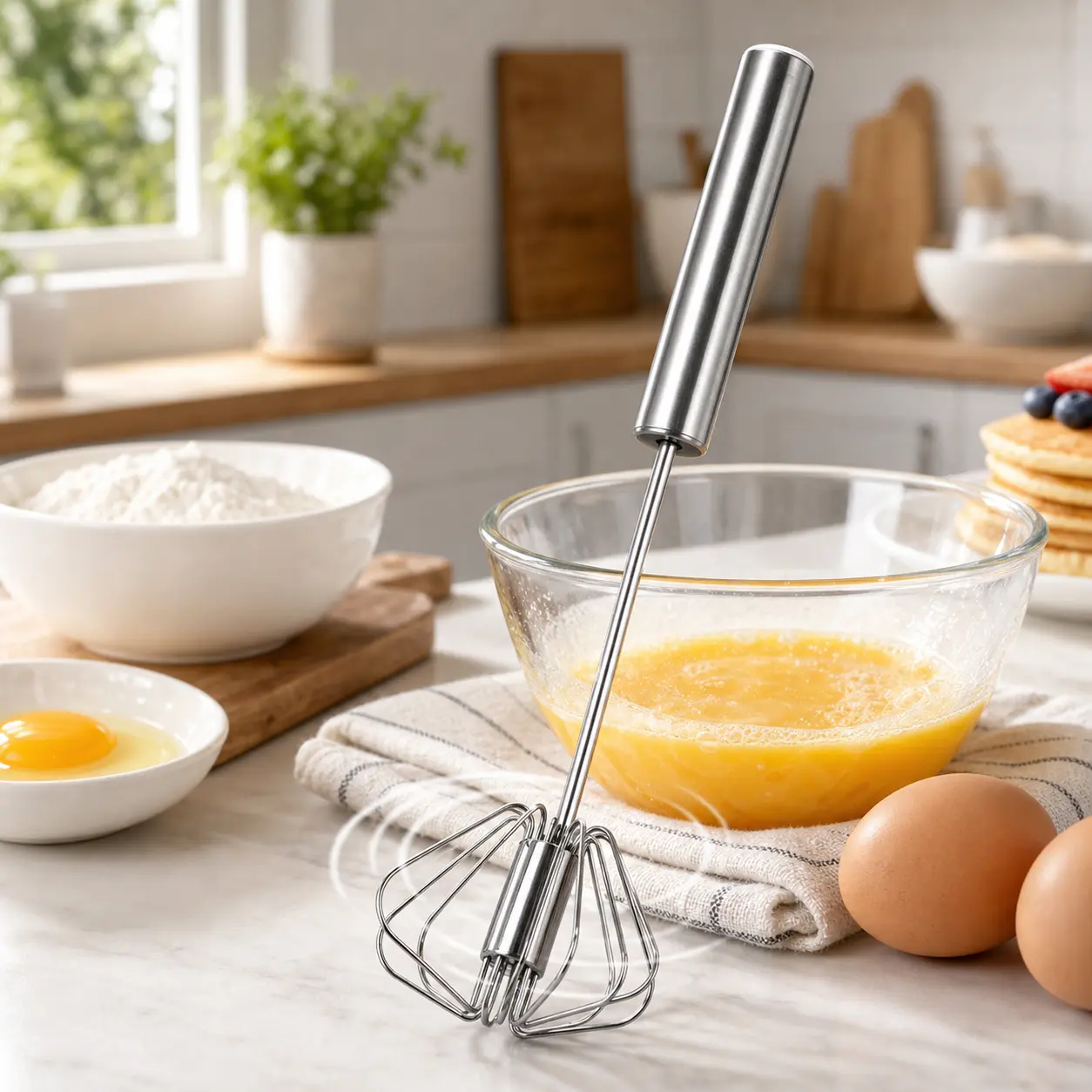 2Pcs Stainless Steel Push Whisk, Semi-Automatic Hand Egg Beater, 11.8 Inch Manual Rotary Whisk for Eggs, Batter, Coffee, Milk & Home Baking