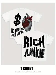 Men's Cartoon Hand & Rich Junkie Print Round Neck Tee, Loose Casual Fashion Short Sleeve T-shirt for Summer, Men's Top for Daily Wear, Tropical, Casual Streetwear