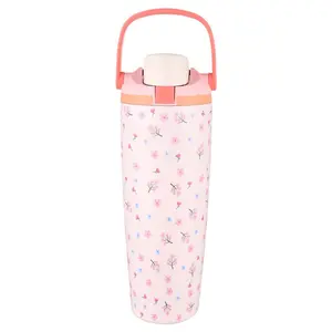 Cute Pink Floral Tumbler with Handle, Aesthetic Pastel Flower Water Bottle with Straw Lid, Spring Blossom Travel Cup for School Office Gym, Girly Drinkware Gift for Women Teens
