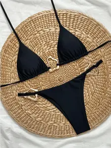 Two-Piece Set Women's Solid Color Tie Side Bikini Set, Casual Fashion Chic Swim Bra & High Cut Swim Panty Set, Ladies Swimsuit for Beach Holiday Vacation, Wrapped Bikini Set