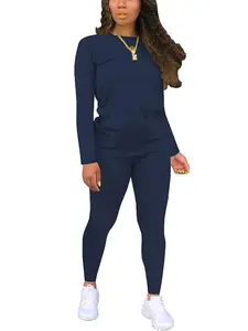 Women's 2-Piece Fitted Basic Round Neck Long-Sleeve Solid Color Casual Matching Set - Core Womenswear for Spring Glow-Up, 2 Piece Sets