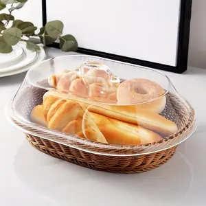 Classic Woven Bread Basket with Clear Acrylic Lid, Durable Washable Food Tray for Kitchen Picnic Home Display, Ideal Storage Organizer