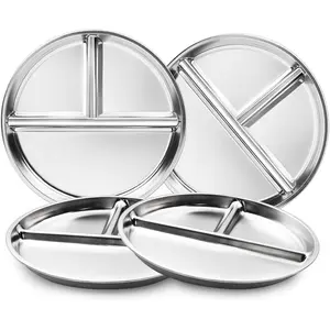 Stainless Steel Plates Set of 4, 9" Portion Control Plates Divided Plate for Adults Toddlers Balance Lunch, Bariatric & Diabetic Diet, Non Toxic Camping Metal Snack Plate for Eating