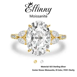Effinny 4.0 Carat 14K Yellow Gold Plated Excellent Oval Cut & Angled Marquise Five Stone Synthetic Moissanite Engagement Ring, D Color VVS1 Promise 925 Sterling Silver Jewelry for Women, Wedding, Female