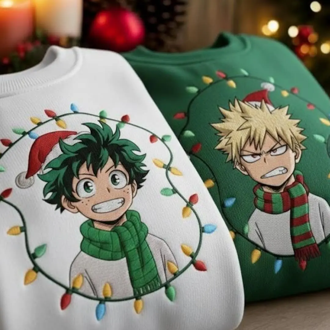 EMBROIDERED Anime Deku & Bakugo My Hero Academia Christmas Lights Sweatshirt, Quirk Inspired Holiday Xmas Lights Shirt