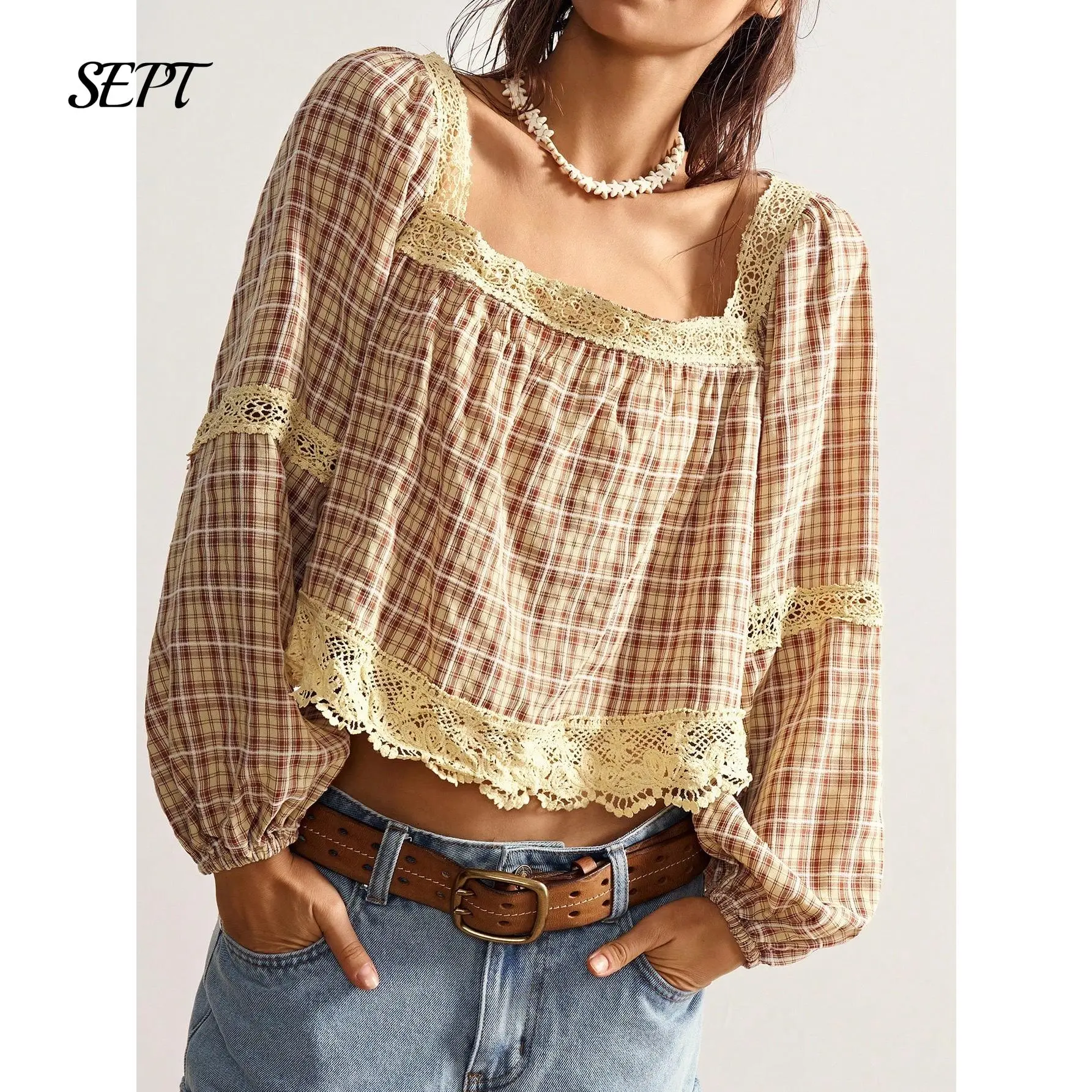 Women Lace Patchwork Tops Plaid Square Neck Puff Long Sleeve Ruffle Shirt Fall Cute Hollow Out Blouses