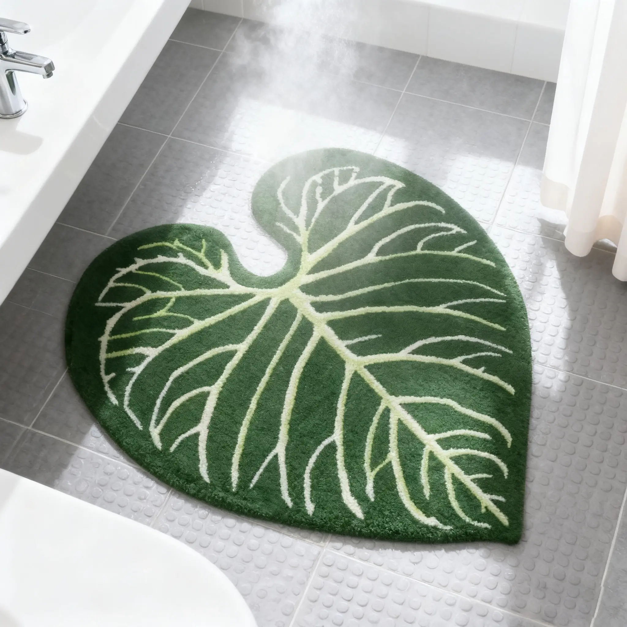 Bathroom rug, soft plush decorative mat, green leaf shape area rug, irregular design absorbent mat, Absorbent Bath Mats, comfortable mat suitable for bedroom, bathroom, home decoration, Bath Rugs