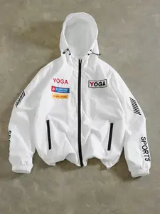 Men's Letter Print Long Sleeve Zip Hooded Casual Drawstring Jacket, Street Style Graphic Jacket, Sports Jacket, Y2K Jacket, Sports Yoga Jacket