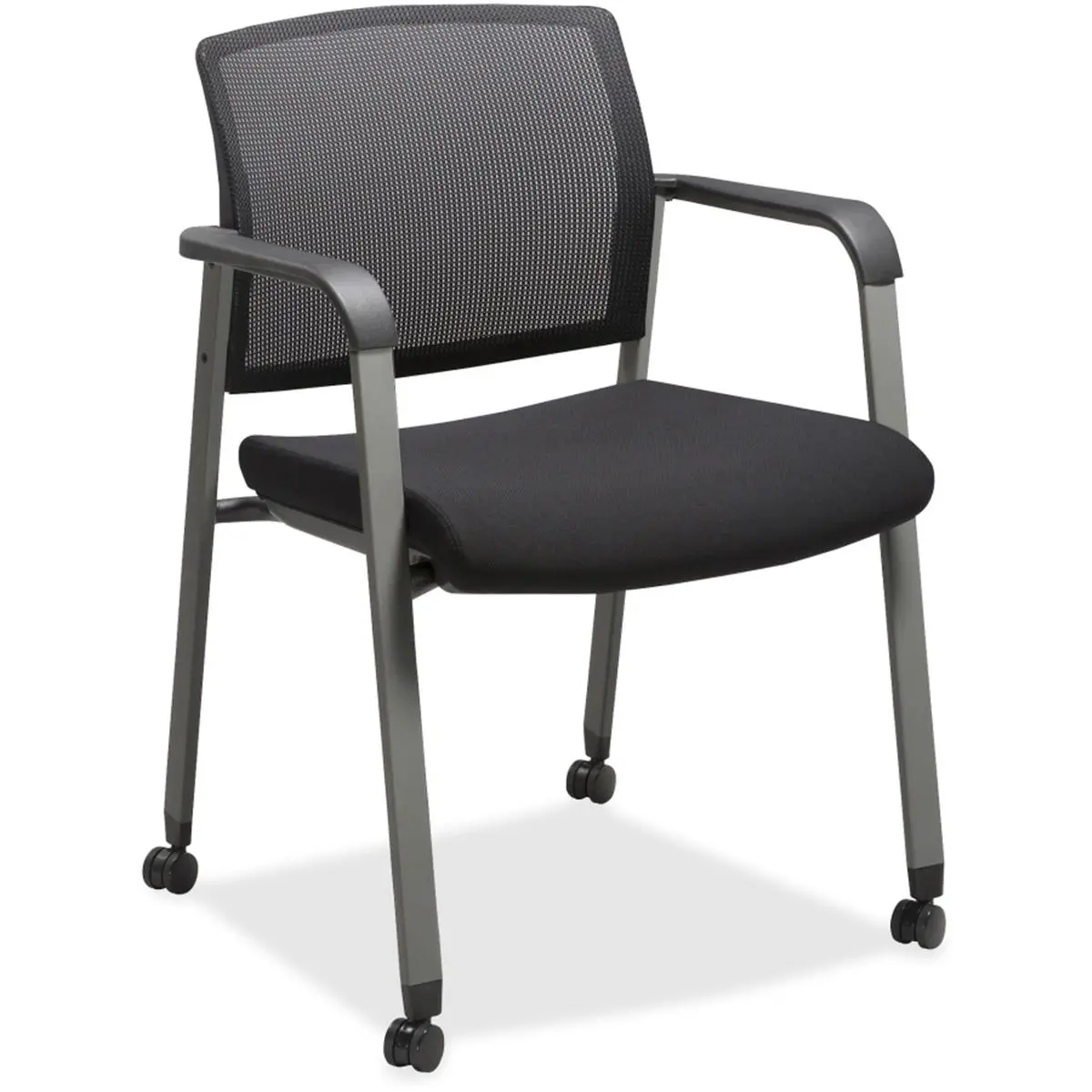 Black Fabric-Upholstered Square Conference Chairs, Nylon Fixed Arms, Contoured Ergonomic Support, 17-3/8" x 14" Mesh Back, Exhaust Vent, Casters - Ideal for Large Meeting Areas, Arm: Nylon, Back: 17-3/8" X 14"