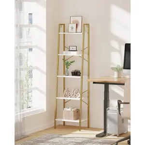 4/5-Tier Ladder Shelf, Bookshelf Bookcase, Freestanding Corner Storage Shelve With 2 Hooks For Home Office, Living Room, Kitchen, Bedroom, Industrial,Home Decor, White And Gold