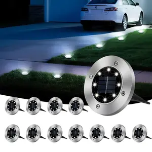 12-Pack Solar In-Ground Lights | IP65 Waterproof | 8-LED Super Bright Garden Lights | Solar Disk Lights | Ideal for Courtyard, Garden, Poolside, Outdoor, Walkway, Pathway, Lawn & Driveway | White Light