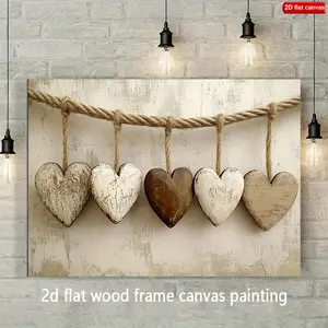 [2D Flat] 1pc Rustic Wooden Hearts on Rope Canvas Wall Art - Distressed White & Natural Wood Frame with Textured Rope Hangers, Farmhouse Modern Love-Themed Framed Poster for Living Room, Dining Area, Hallway Decor - Valentine'S Day or Christmas Gift