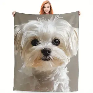Modern Maltese Dog Print Plush Blanket, 100% Polyester, Soft and Lightweight Plush, Machine Washable, All-Season Multi-Purpose, Digital Printing, 50 0x60.. 0inch , Home Sofa Sofa Decoration